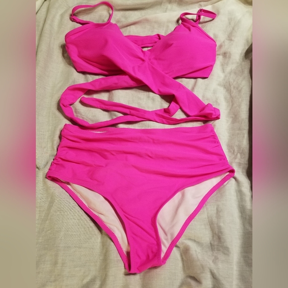 Nwot hot pink wrap around top high waisted bikini large - Picture 2 of 9